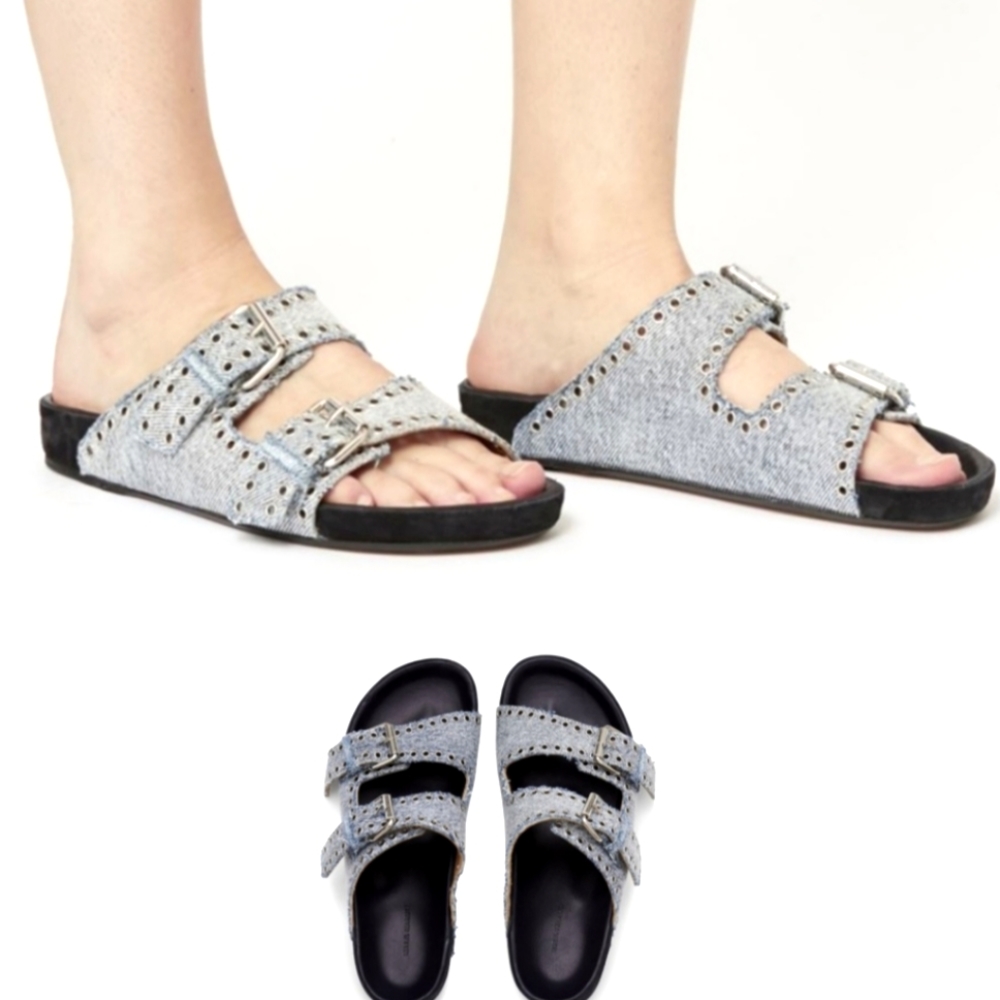 Isabel Marant Lennyo Denim Slides Logo Metal Hardware Blue Leather Grommets